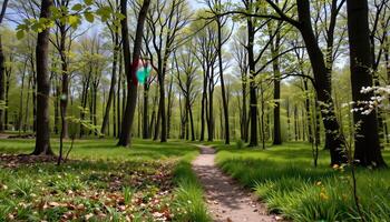 a trail winding between tall oaks and elmss photo