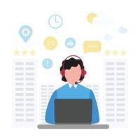 Customer service. Call center. 24 Hours. Hotline operators with headphones on laptop screen. stock illustration vector