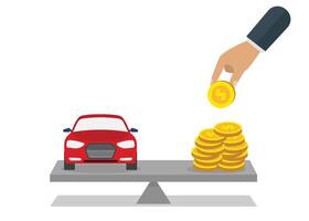 Stock illustration of a car and a stack of dollar coins on a lever vector