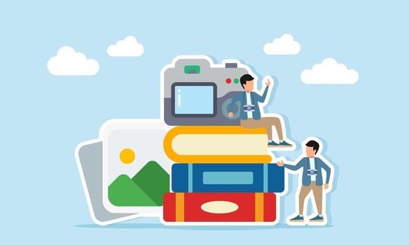 photographer sitting near camera placed on stack of books while another stands near books and photo album illustration of improving photography technique and skills vector