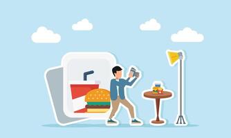 male photographer doing food photo session in front of food photo album with lighting setup on table illustration of food vlogger or food content creatio vector