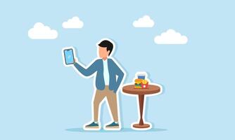 Photographer using smartphone taking a selfie of food on the table illustration of personal branding as a food vlogger vector