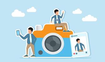 photographer sitting on camera while others take selfie or vlog near camera and social media photo post illustration of up to date content for personal branding vector