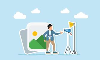 Male photographer standing in front of photo icon with camera and lighting equipment illustration of setting lighting and positioning for photoshoot session vector