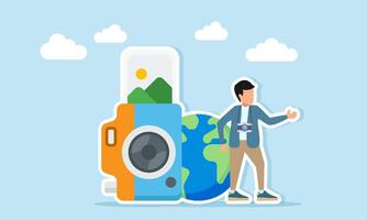 photographer standing near a camera photo and globe illustration of stock photo with nature theme vector