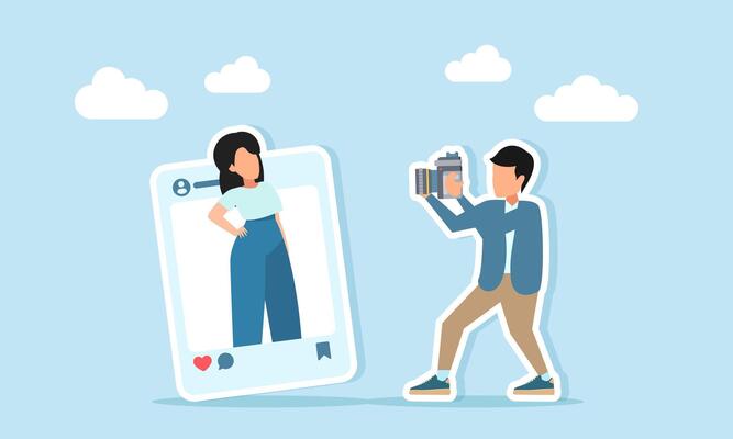 photographer doing a photo session with a woman inside a social media content frame illustration of social media content