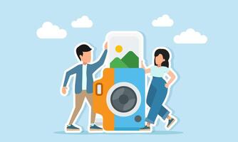 Male and female photographers near camera and photo prints illustration of selecting or sorting photography results vector