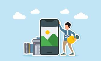 photographer holding light and camera standing near camera and smartphone displaying photo album illustration of searching for content ideas or photo material vector