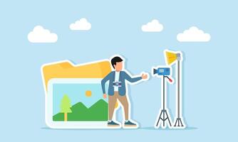 Photographer standing in front of gallery album folder near standing lamp and camera illustration of setting up location for photo or shoot vector