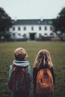 Children Explore a Field Near an Old Mansion on a Cloudy Day in Autumn. photo