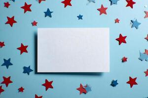 Blank Card Surrounded by Red and Blue Stars on a Light Blue Background for Creative Celebration photo