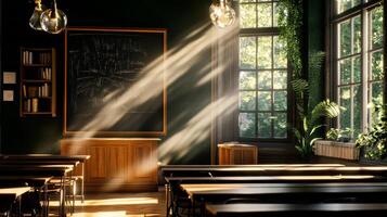 Natural Light Fills a Vintage Classroom Highlighting Wooden Desks and a Chalkboard photo