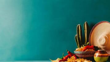 Colorful Sombrero With Festive Snacks and Decorations on a Bright Teal Background at a Celebration. photo
