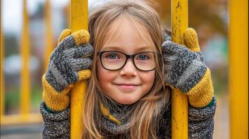 Child Enjoys Playful Moment at Playground Wearing Cozy Mittens During Autumn Afternoon. photo