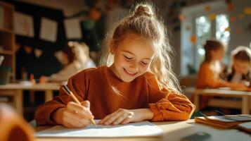 Young Girl Drawing in a Classroom During the Afternoon With Classmates Around Her photo