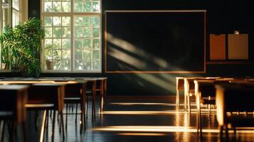 Natural Light Fills a Vintage Classroom Highlighting Wooden Desks and a Chalkboard. photo