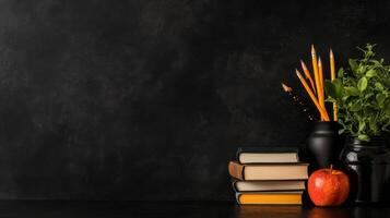 Study Setup With Books, an Apple, and Stationery on a Black Background for Academic Inspiration photo
