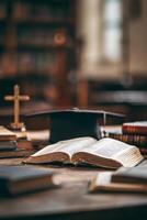 Books and Graduation Cap Placed on Wooden Table in Library During Daytime With Sunlight Filtering In photo