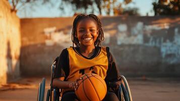Young Girl in Wheelchair Enjoys Basketball Practice During Golden Hour photo
