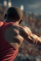Athlete Preparing for a Leap in a Packed Stadium During a Sunny Afternoon Event in Summer photo