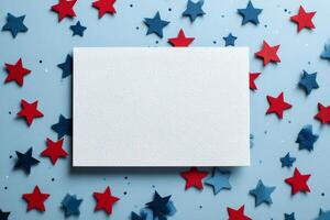 Brightly Colored Stars Surround a Blank Card on a Blue Background for Creative Projects and Celebrations photo