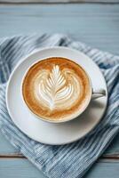 Latte Art Heart Design Displayed on Coffee Cup With Striped Napkin. photo