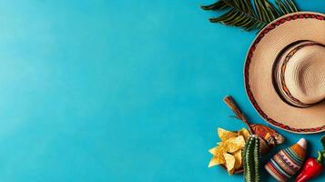 Colorful Sombrero With Festive Snacks and Decorations on a Bright Teal Background at a Celebration photo