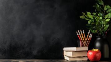 Study Space With Books, Pencils, Apple, and Plant on a Dark Background photo