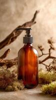 Glass Spray Bottle on a Natural Surface With Twigs and Moss for Eco-Friendly Products. photo