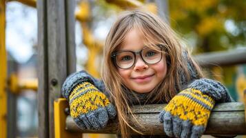 Young Girl With Glasses Smiles on Playground During Autumn Afternoon. photo