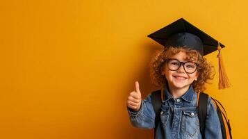 Young Graduate Celebrates Achievement With Smile and Thumbs up in Front of Yellow Background photo