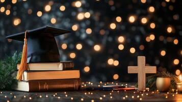 Graduation Celebration With Books, a Cap, and a Cross on a Table With Twinkling Lights photo