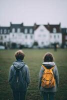 Children on a Grassy Field Facing Historic Buildings During a Cloudy Afternoon photo