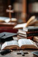Books and Graduation Cap Placed on Wooden Table in Library During Daytime With Sunlight Filtering In. photo