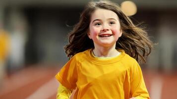 Young Girl Joyfully Participating in a Running Event at a Sports Facility During a Sunny Afternoon photo