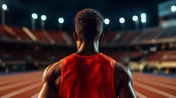 Athlete Prepares for a Race Under Stadium Lights on an Empty Track During Night photo
