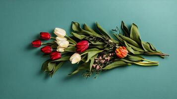 Colorful Tulip Arrangement on Teal Surface for Spring Decoration and Floral Design Inspiration photo