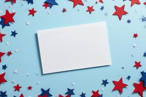 Brightly Colored Stars Surround a Blank Card on a Blue Background for Creative Projects and Celebrations. photo