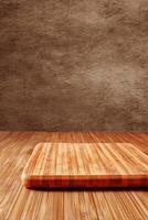 Bamboo Placemat on Wooden Table With a Warm Red Background Creating a Cozy Atmosphere. photo