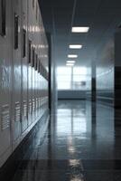 Bright School Hallway With Lockers Reflecting Light in Modern Educational Environment photo