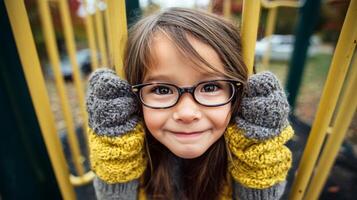 Child Enjoys Playful Moment at Playground Wearing Cozy Mittens During Autumn Afternoon photo
