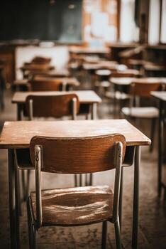 Empty Classroom With Wooden Desks and Chairs in a Rustic Setting During Daylight Hours photo