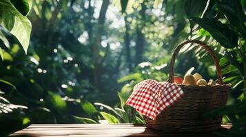Fresh Fruit Basket Surrounded by Lush Greenery in a Tropical Setting During Daylight photo