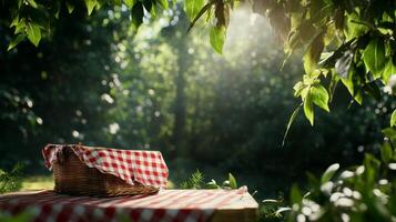 Picnic Setup in a Sunlit Forest With a Checked Blanket and a Wicker Basket photo