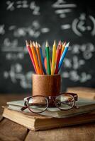 Bright Colored Pencils and Glasses Resting on Books With a Blackboard Background photo