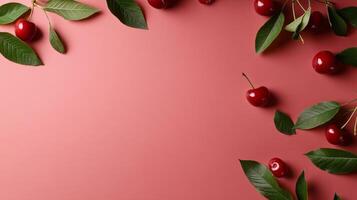 Vibrant Cherries and Green Leaves Arranged Artistically on a Pink Background. photo