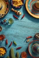 Colorful Fiesta Celebration Layout Featuring Hats, Snacks, and Drinks on Blue Wooden Table photo