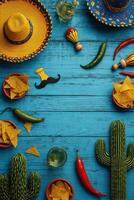 Vibrant Mexican Fiesta Celebration With Traditional Elements and Festive Snacks Arranged on Blue Table. photo