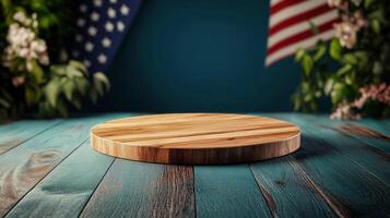 Wooden Display Stand Surrounded by Dramatic Lighting and American Flag Backdrop. photo