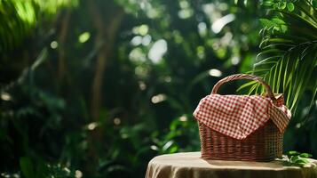 Fresh Fruit Basket Surrounded by Lush Greenery in a Tropical Setting During Daylight. photo